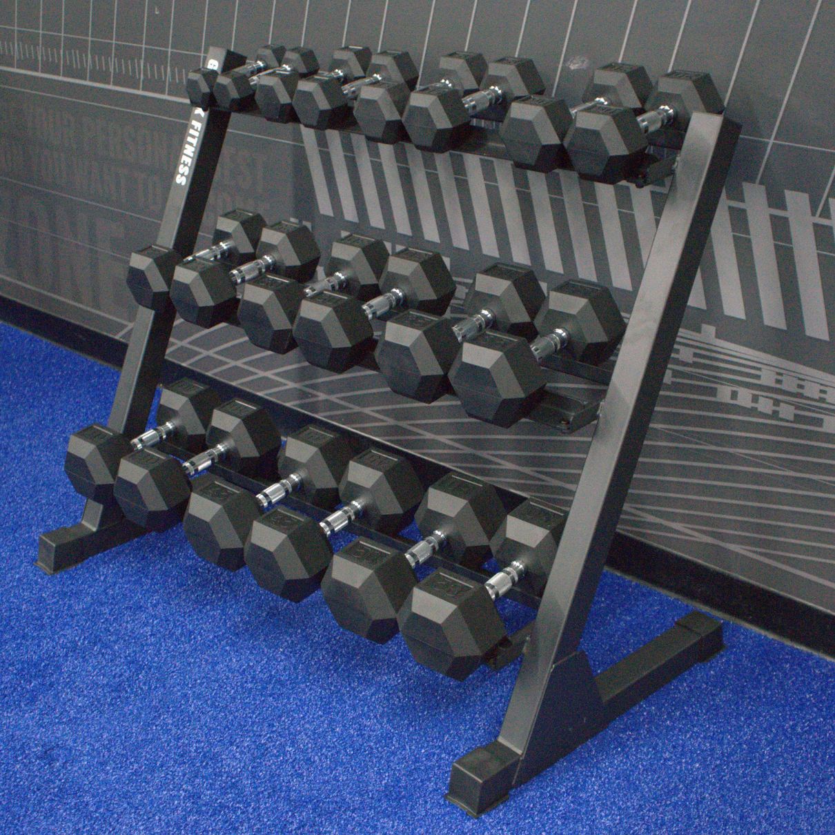 Gronk Fitness 3-Tier Dumbbell Rack loaded with dumbbells