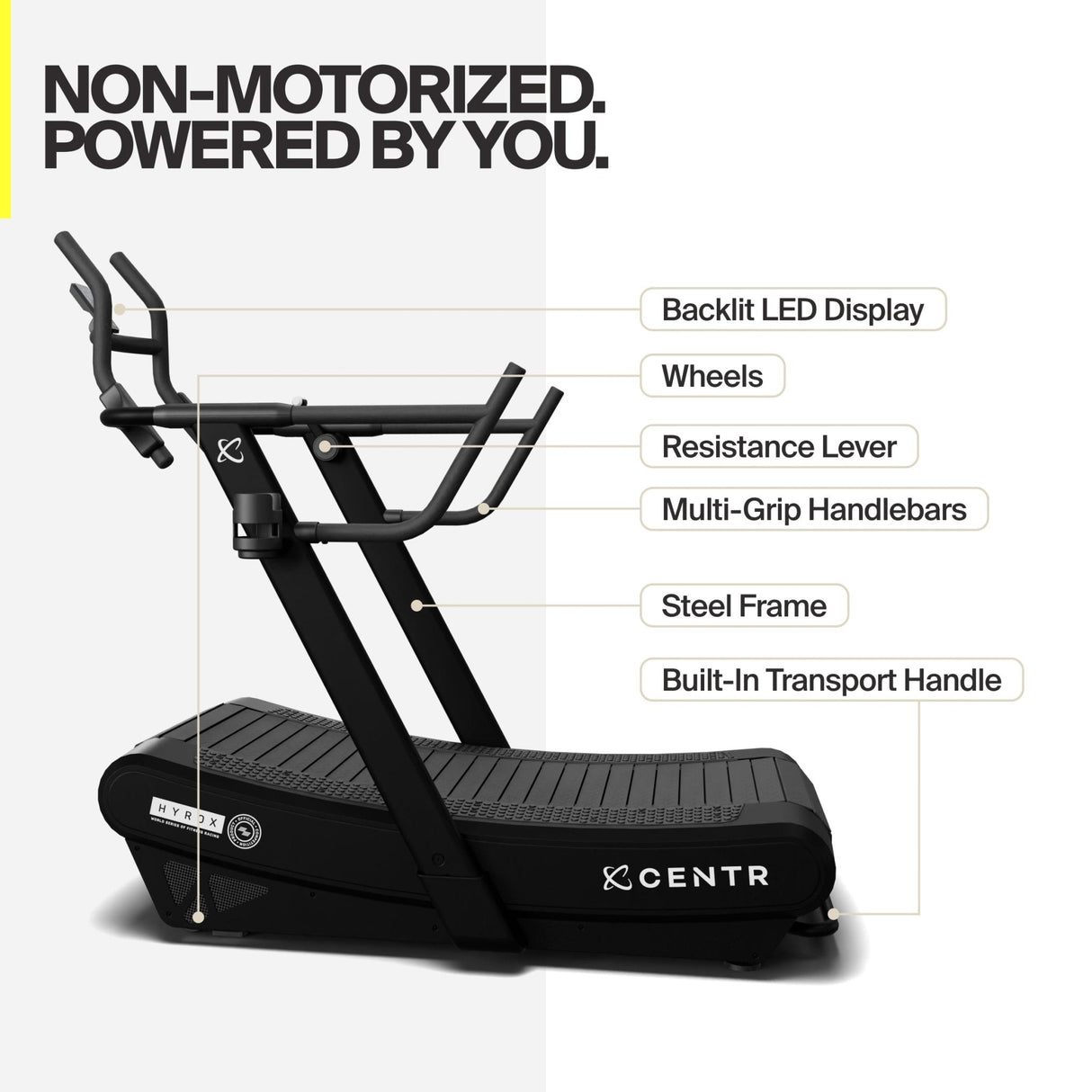 Centr x HYROX treadmill with labeled features