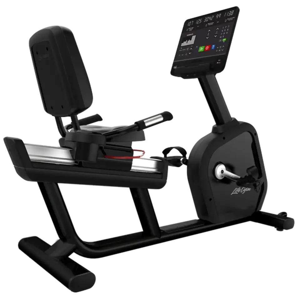 Life Fitness Aspire recumbent bike side view with console