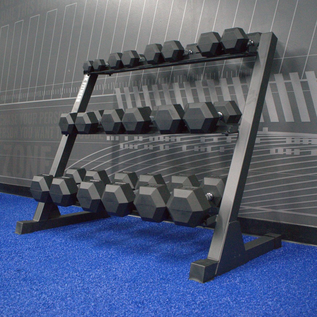 Gronk Fitness 3-Tier Dumbbell Rack side view with dumbbells