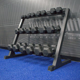 Gronk Fitness 3-Tier Dumbbell Rack side view with dumbbells