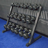 Gronk Fitness 3-Tier Dumbbell Rack loaded with dumbbells