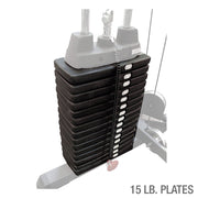 Body Solid weight stack close-up with 15 lb plates