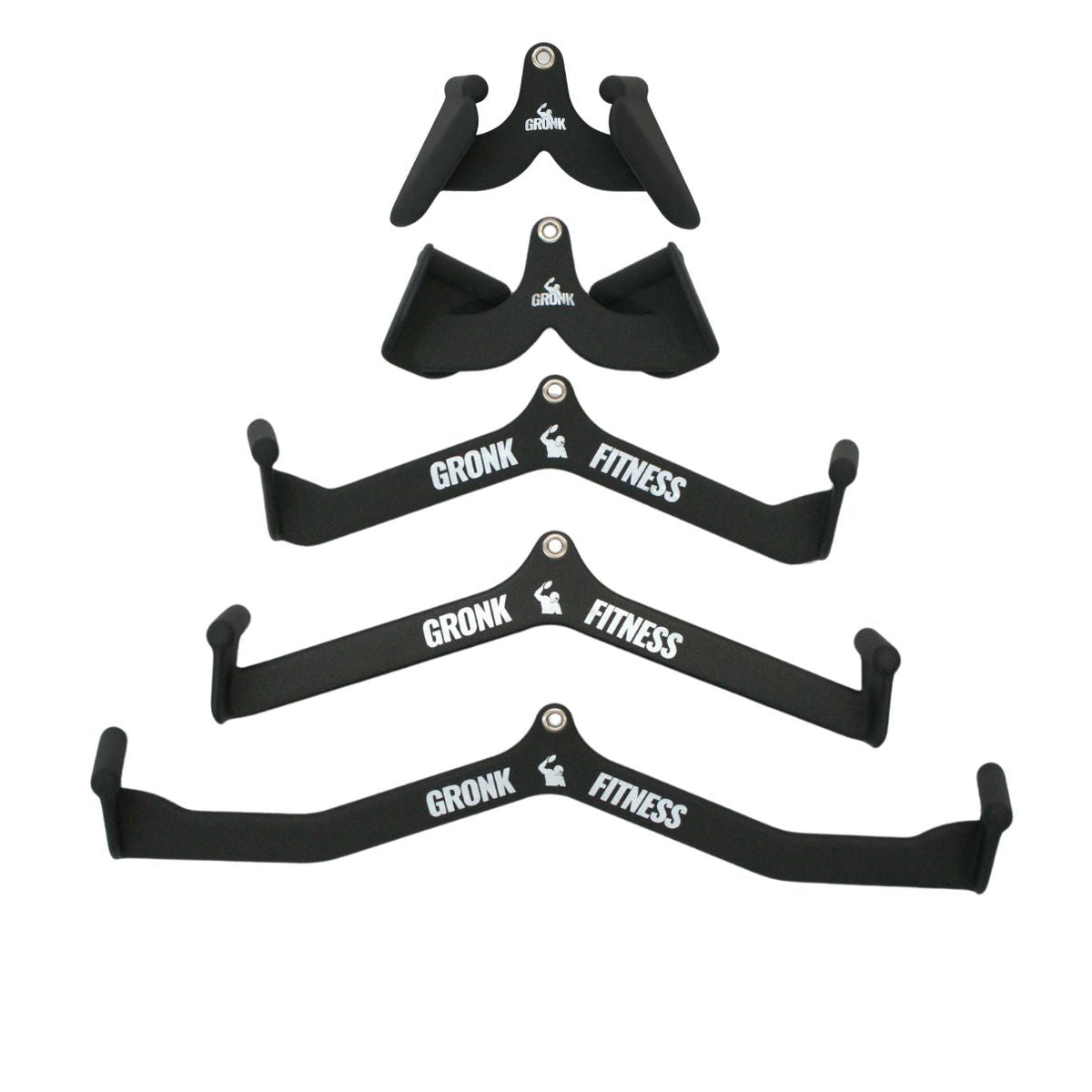 Gronk Fitness 5-piece multi-functional cable attachment set: two neoprene grip handles and three wide, mid and short bars, all black with white Gronk Fitness logos