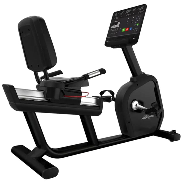 Life Fitness Aspire recumbent bike side view with console